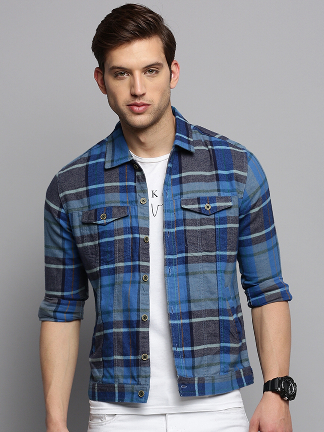 Showoff | SHOWOFF Men's Spread Collar Checked Blue Open Front Jacket 1