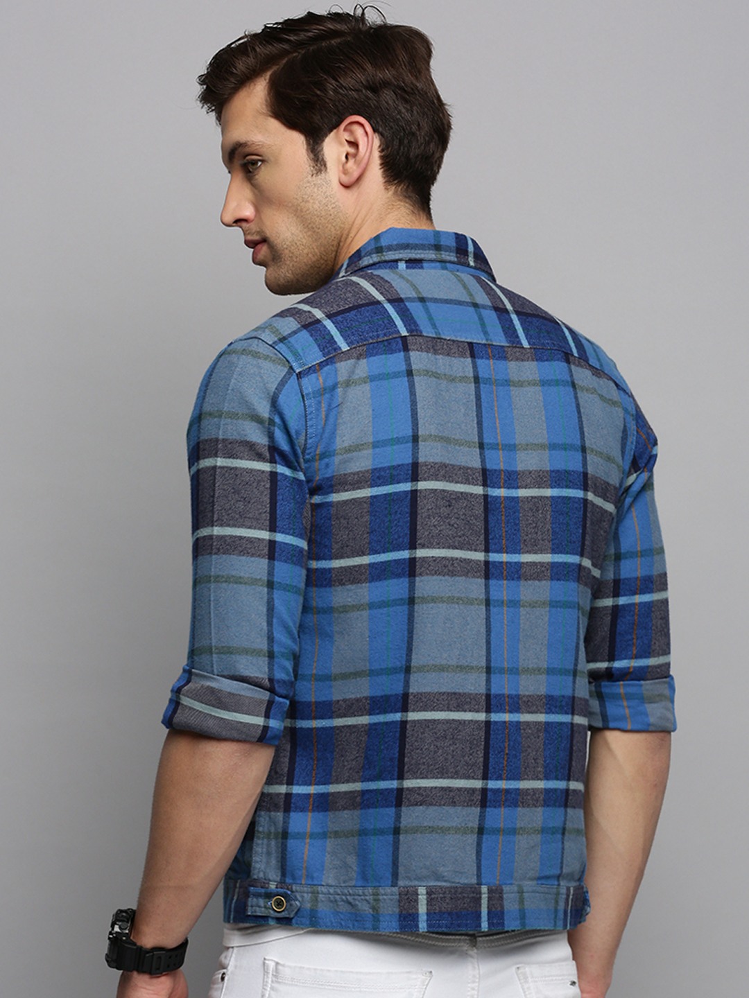 Showoff | SHOWOFF Men's Spread Collar Checked Blue Open Front Jacket 3