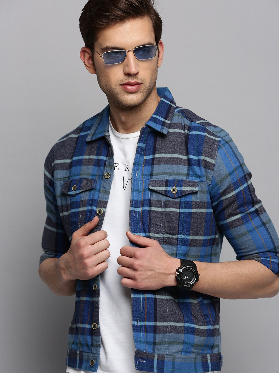 Showoff | SHOWOFF Men's Spread Collar Checked Blue Open Front Jacket 0