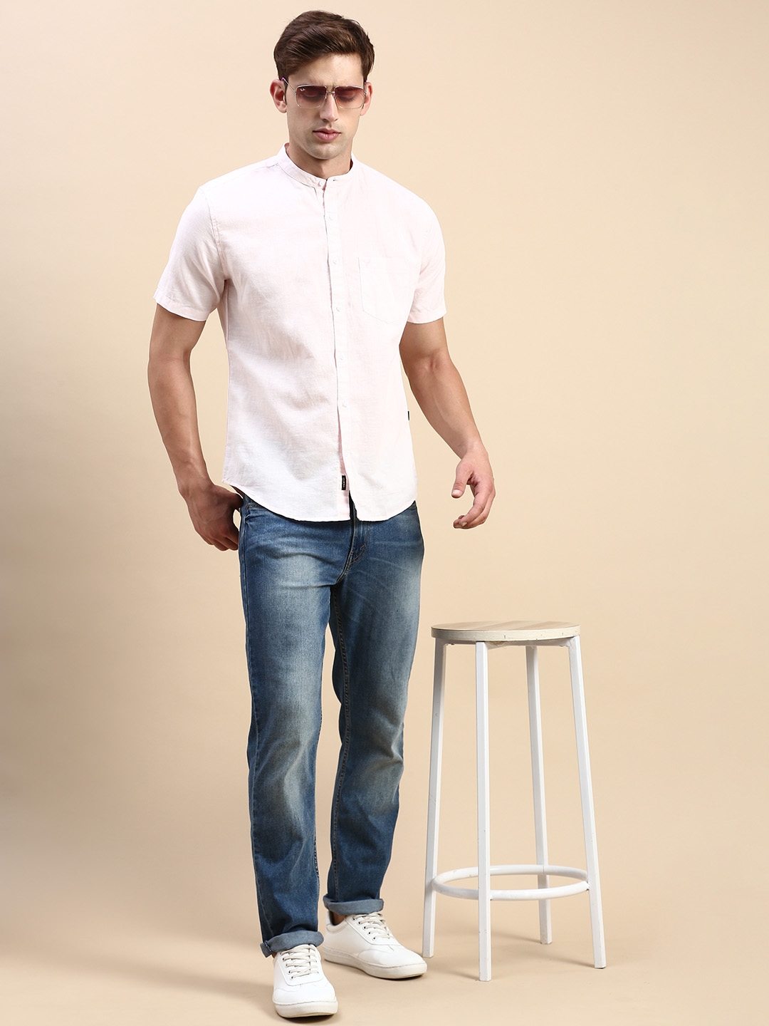 Showoff | SHOWOFF Men's Mandarin Collar Pink Slim Fit Solid Shirt 4