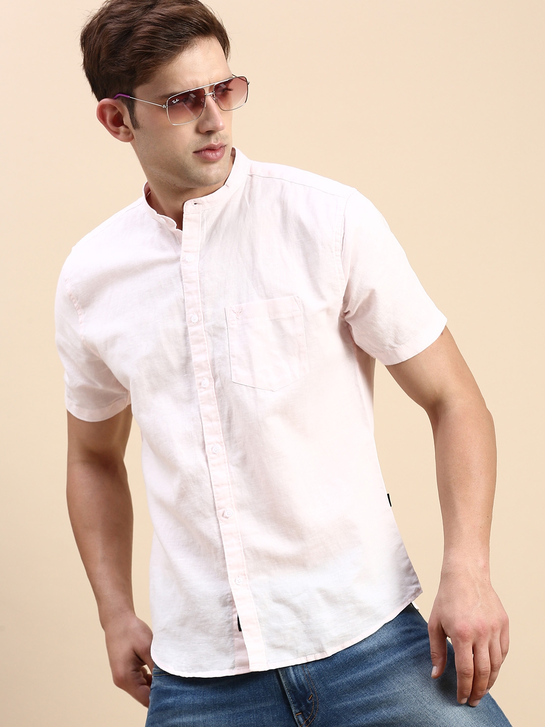 Showoff | SHOWOFF Men's Mandarin Collar Pink Slim Fit Solid Shirt 0
