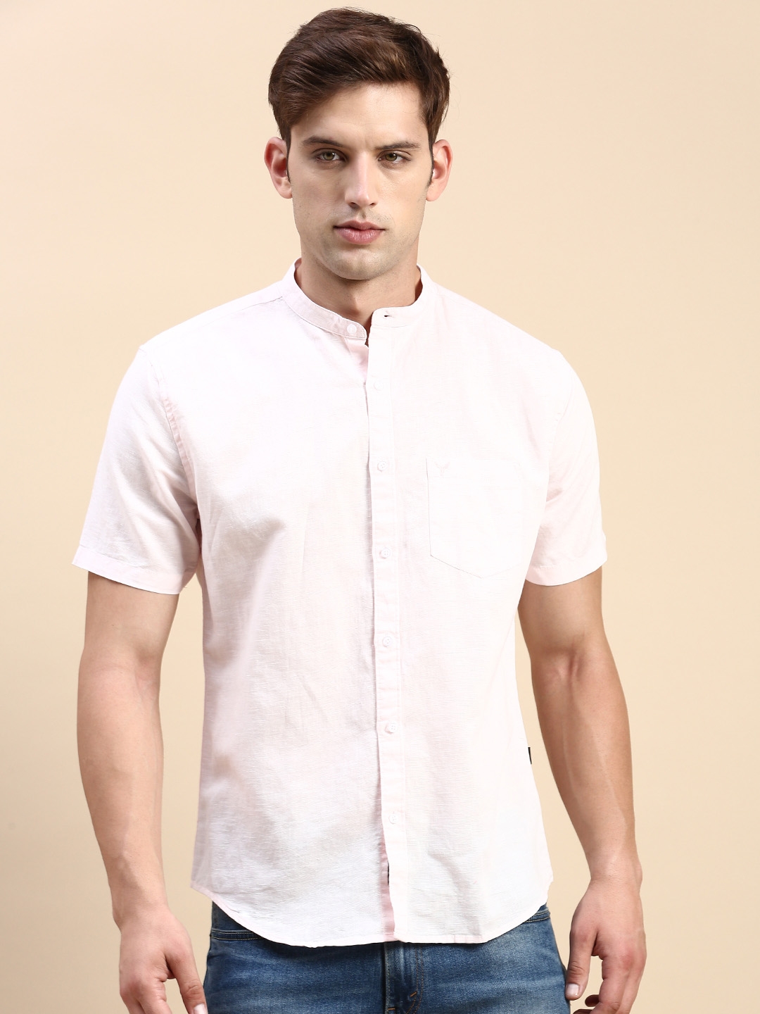 Showoff | SHOWOFF Men's Mandarin Collar Pink Slim Fit Solid Shirt 1