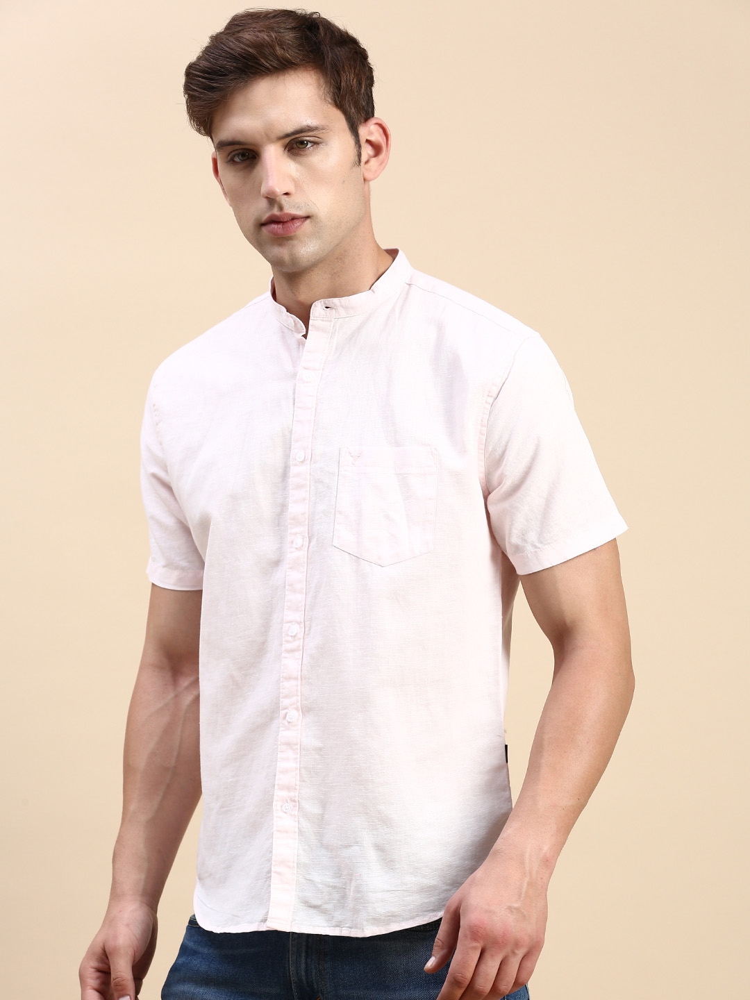 Showoff | SHOWOFF Men's Mandarin Collar Pink Slim Fit Solid Shirt 2