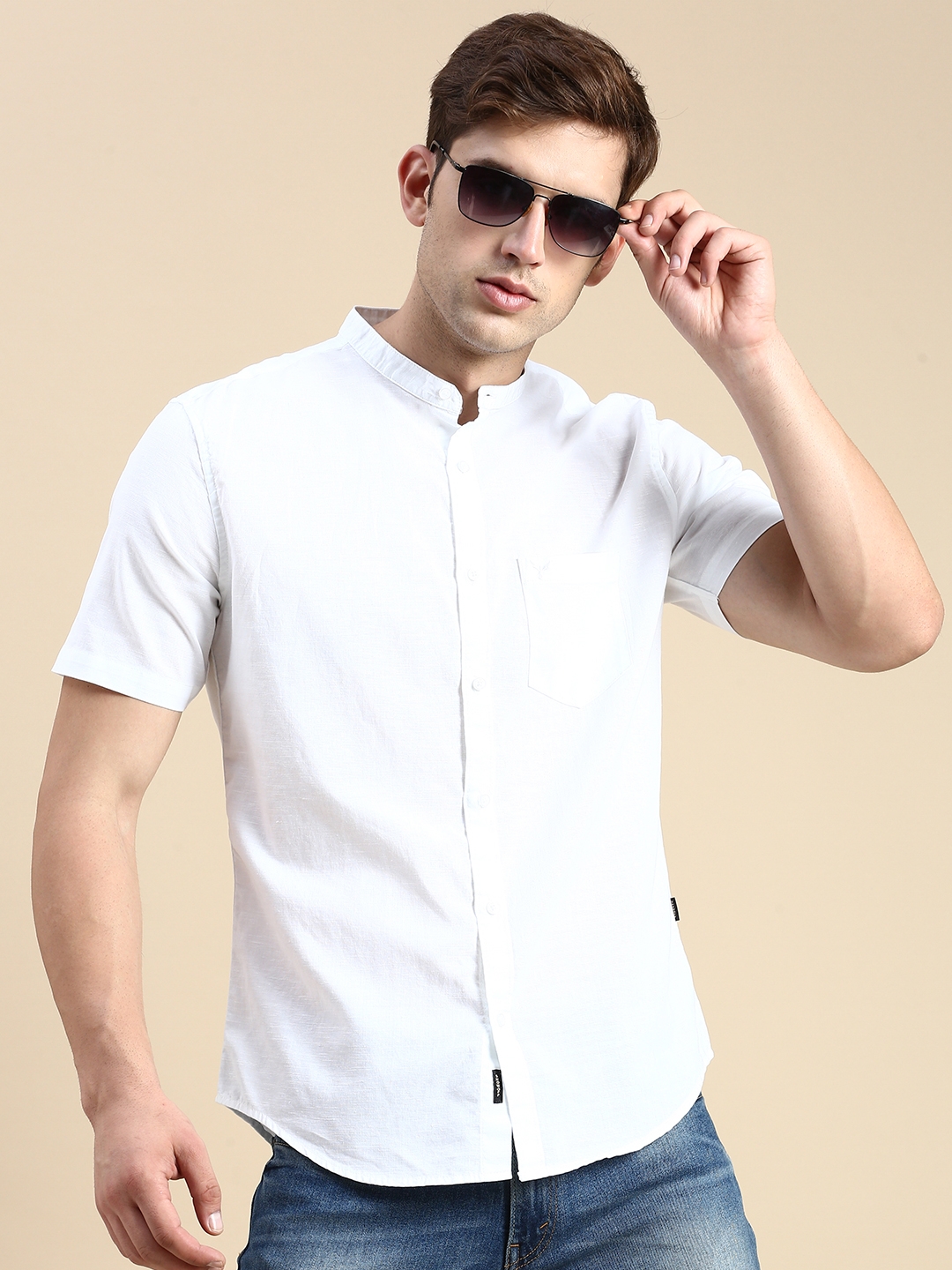 Showoff | SHOWOFF Men's Mandarin Collar White Slim Fit Solid Shirt 0