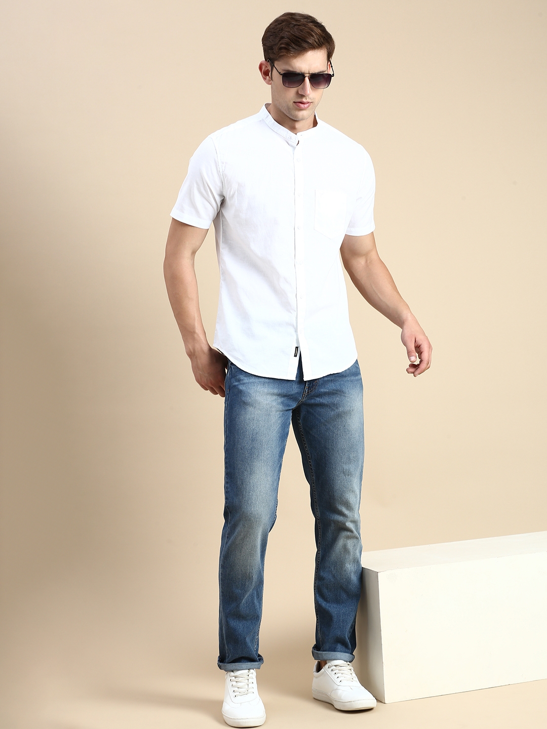 Showoff | SHOWOFF Men's Mandarin Collar White Slim Fit Solid Shirt 4