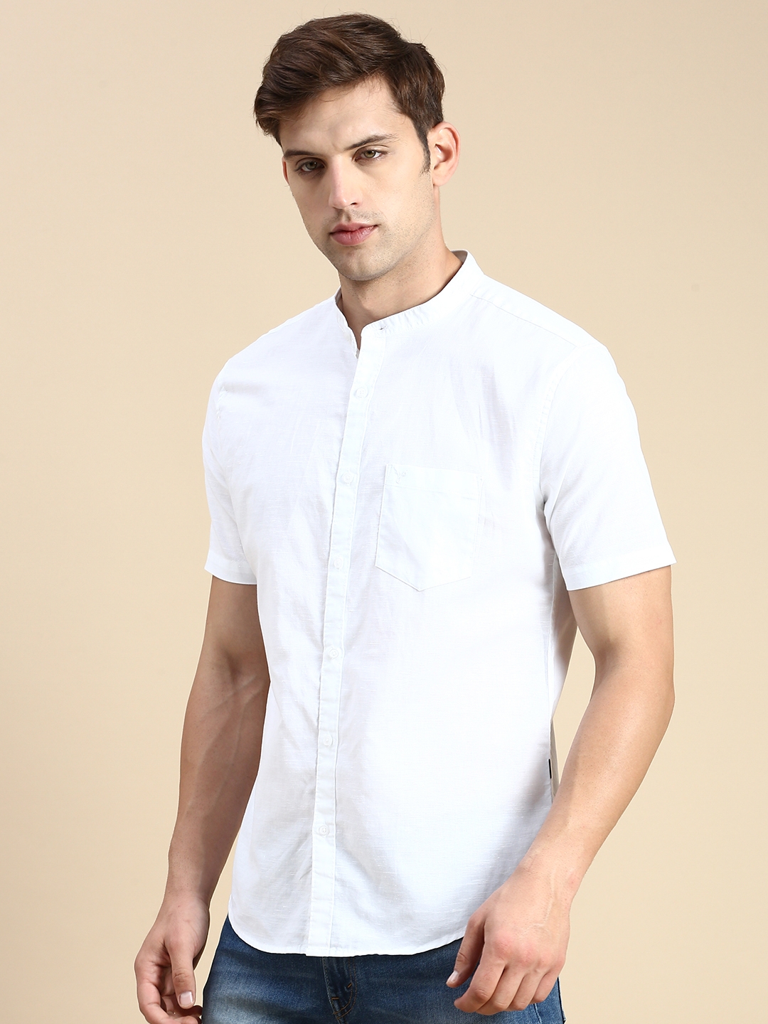 Showoff | SHOWOFF Men's Mandarin Collar White Slim Fit Solid Shirt 2