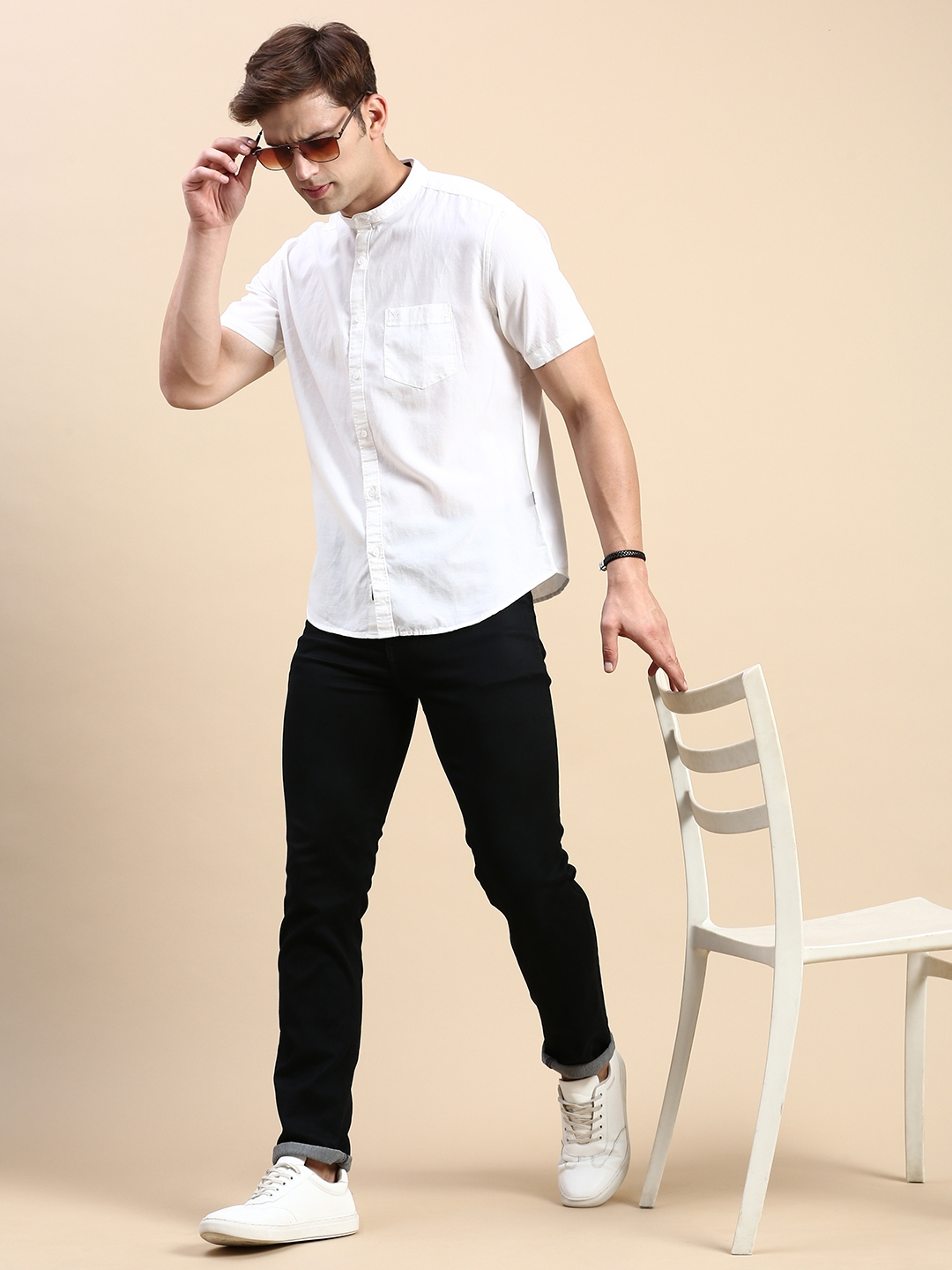 Showoff | SHOWOFF Men's Mandarin Collar Off White Slim Fit Solid Shirt 4