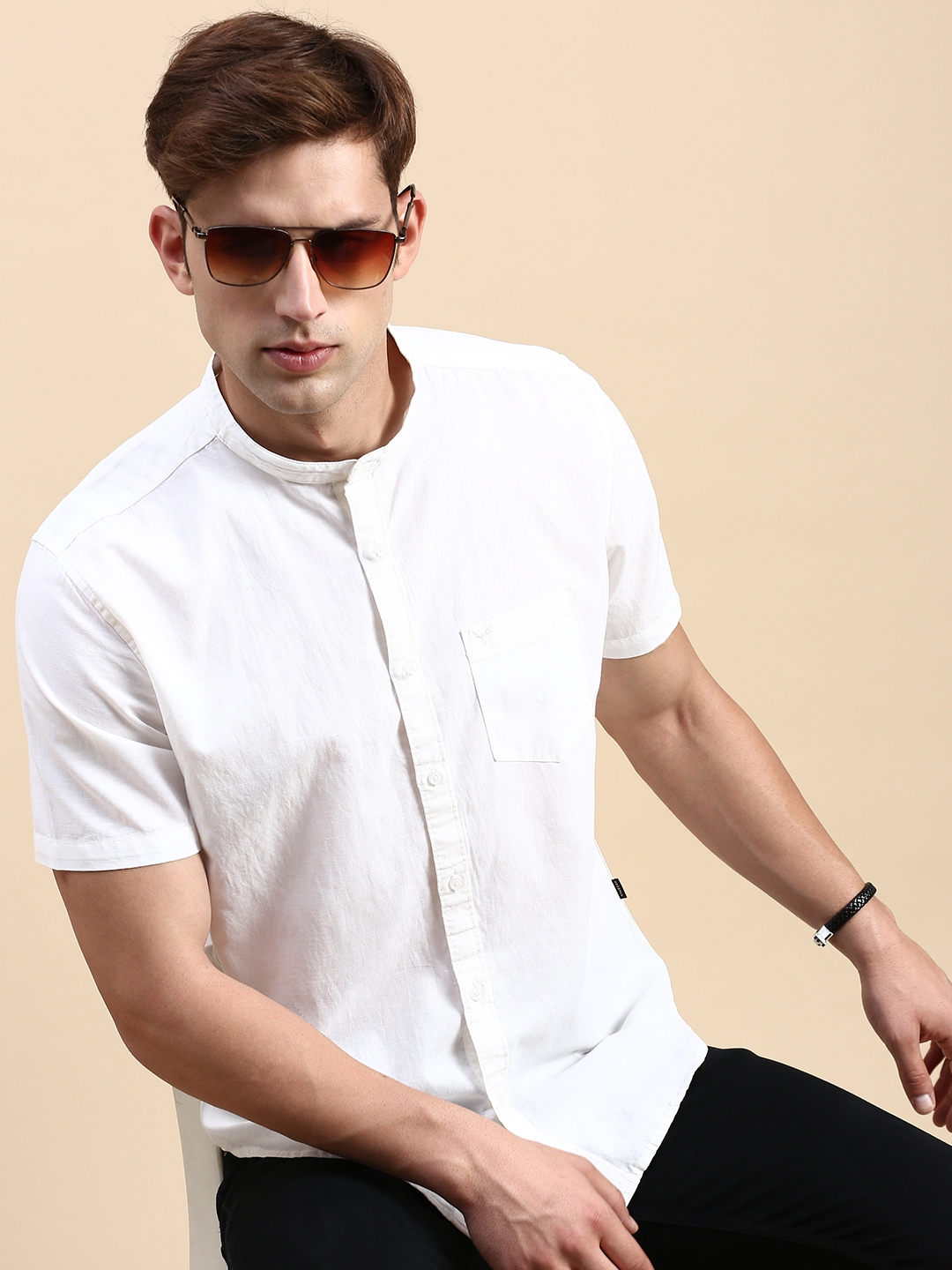 Showoff | SHOWOFF Men's Mandarin Collar Off White Slim Fit Solid Shirt 0