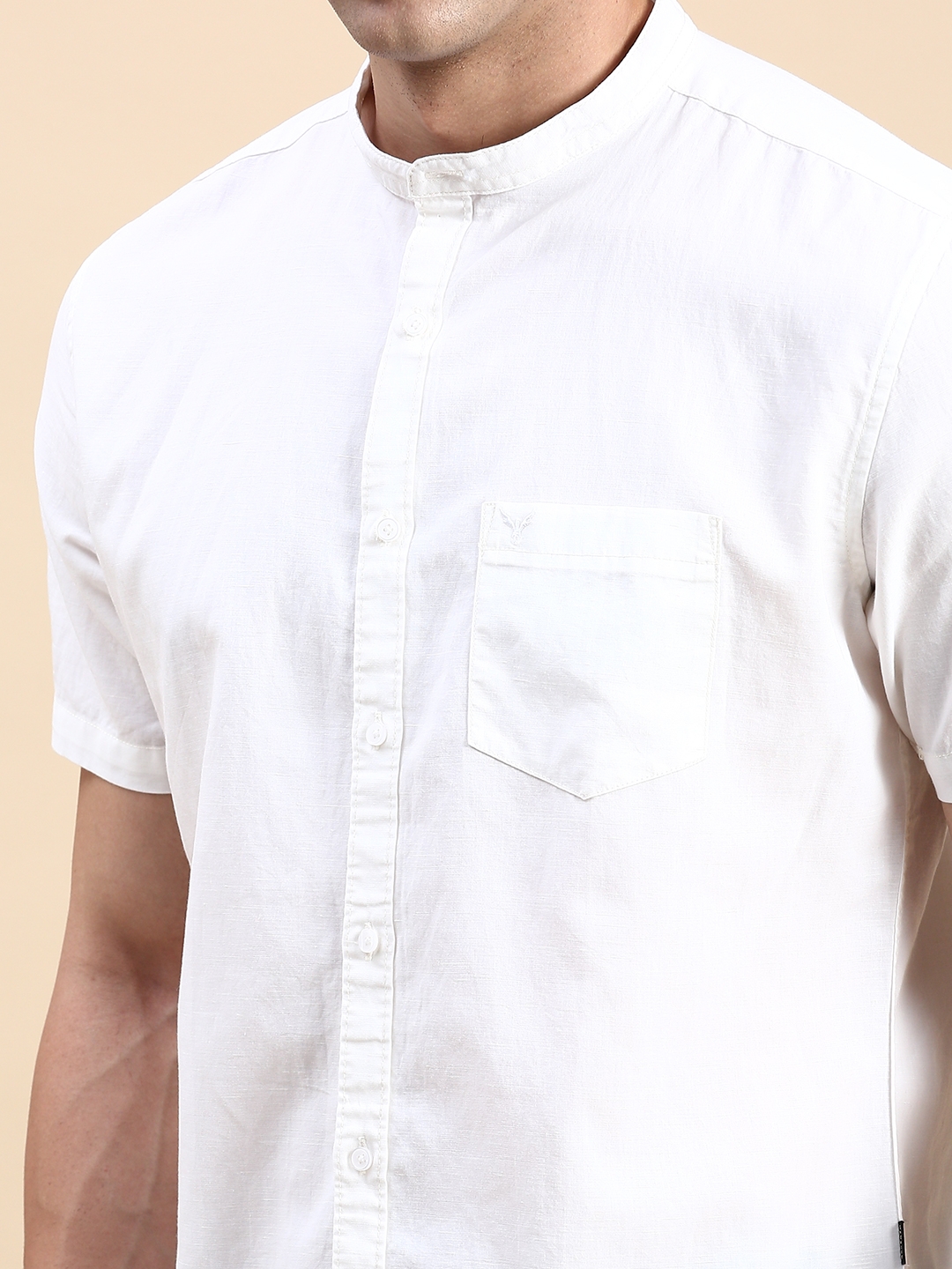 Showoff | SHOWOFF Men's Mandarin Collar Off White Slim Fit Solid Shirt 5