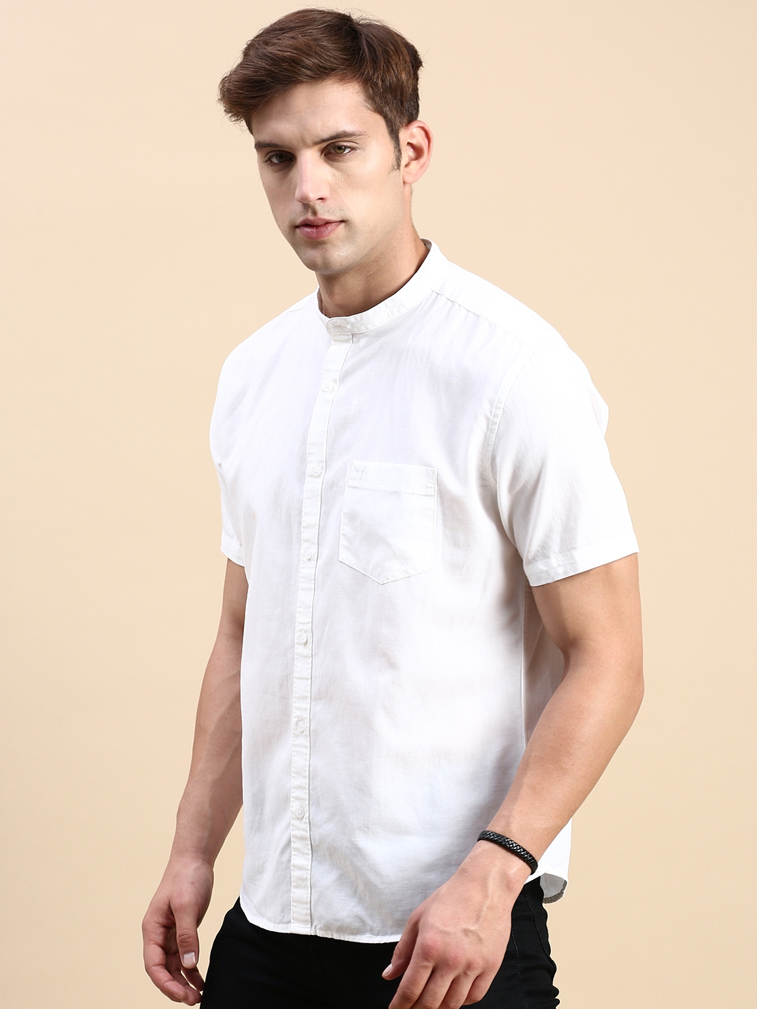 Showoff | SHOWOFF Men's Mandarin Collar Off White Slim Fit Solid Shirt 2