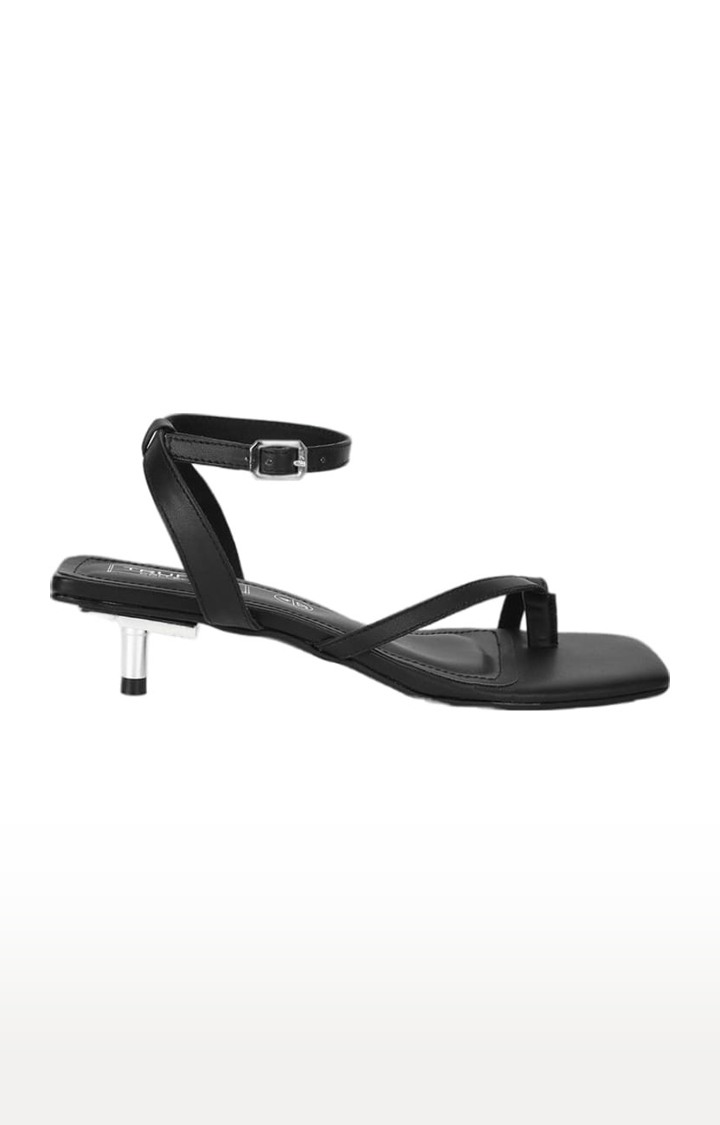 Women's Black PU Solid Buckle Kitten Heels