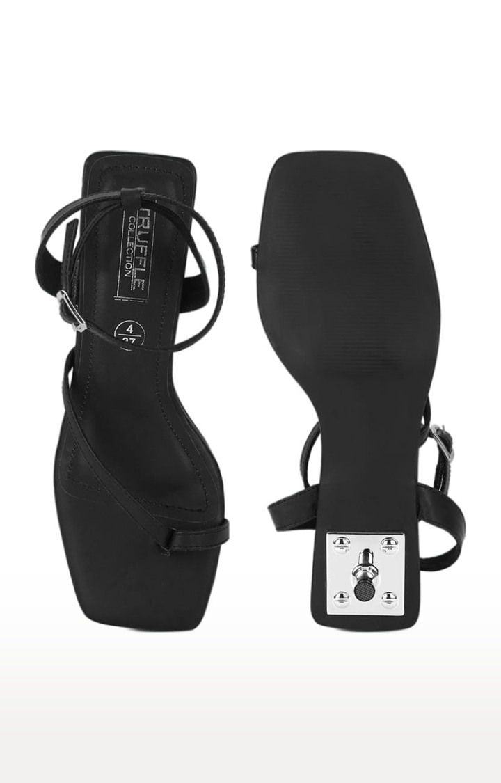 Women's Black PU Solid Buckle Kitten Heels