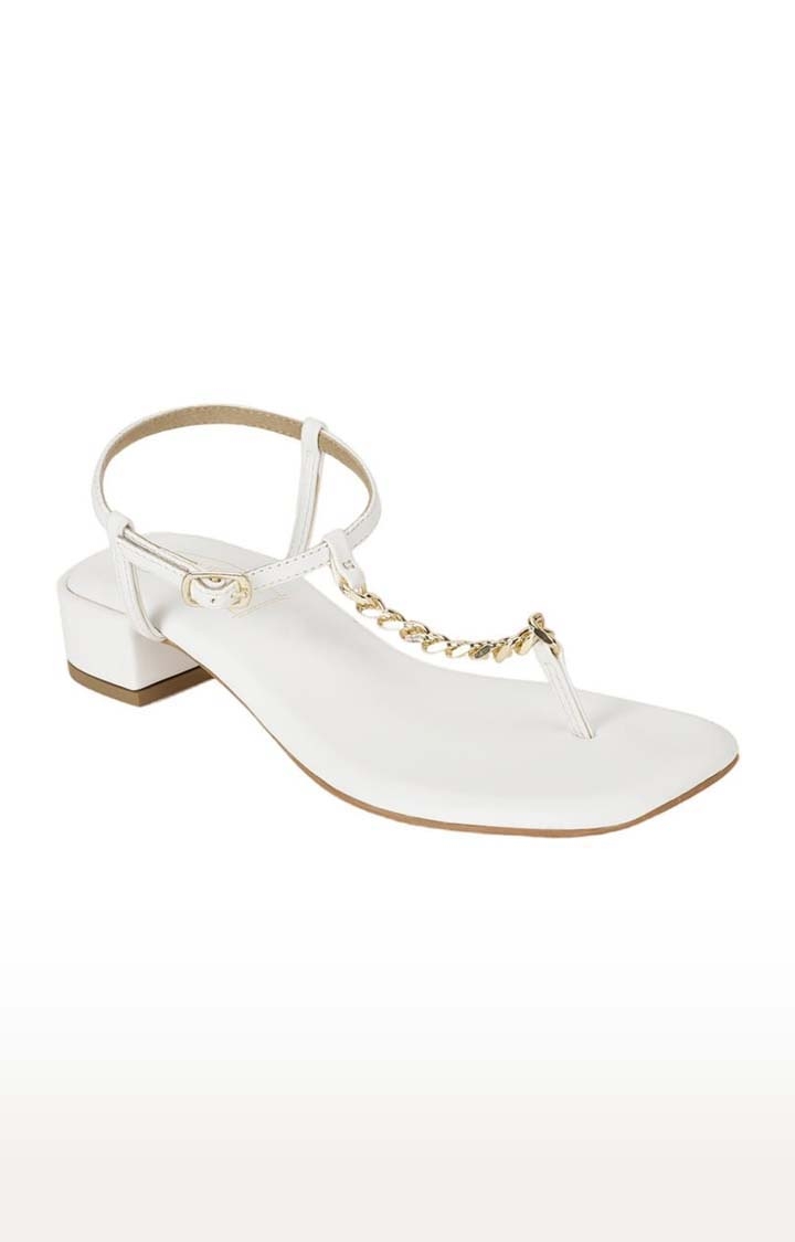 Truffle Collection | Women's White PU Solid Buckle Block Heels