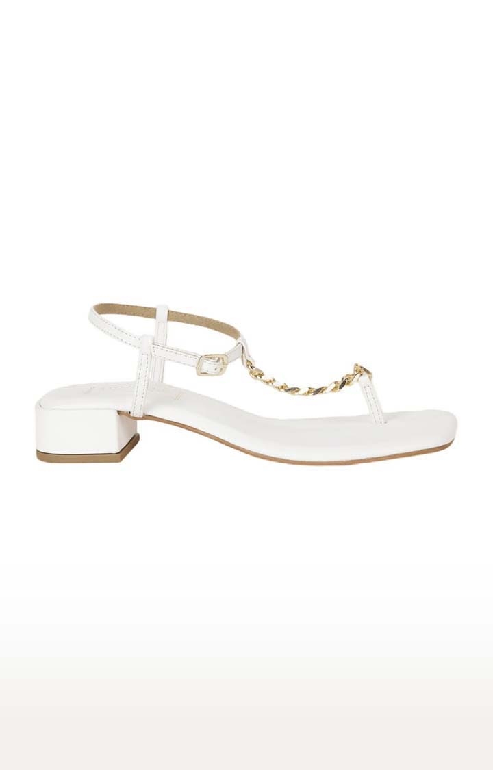 Truffle Collection | Women's White PU Solid Buckle Block Heels 1