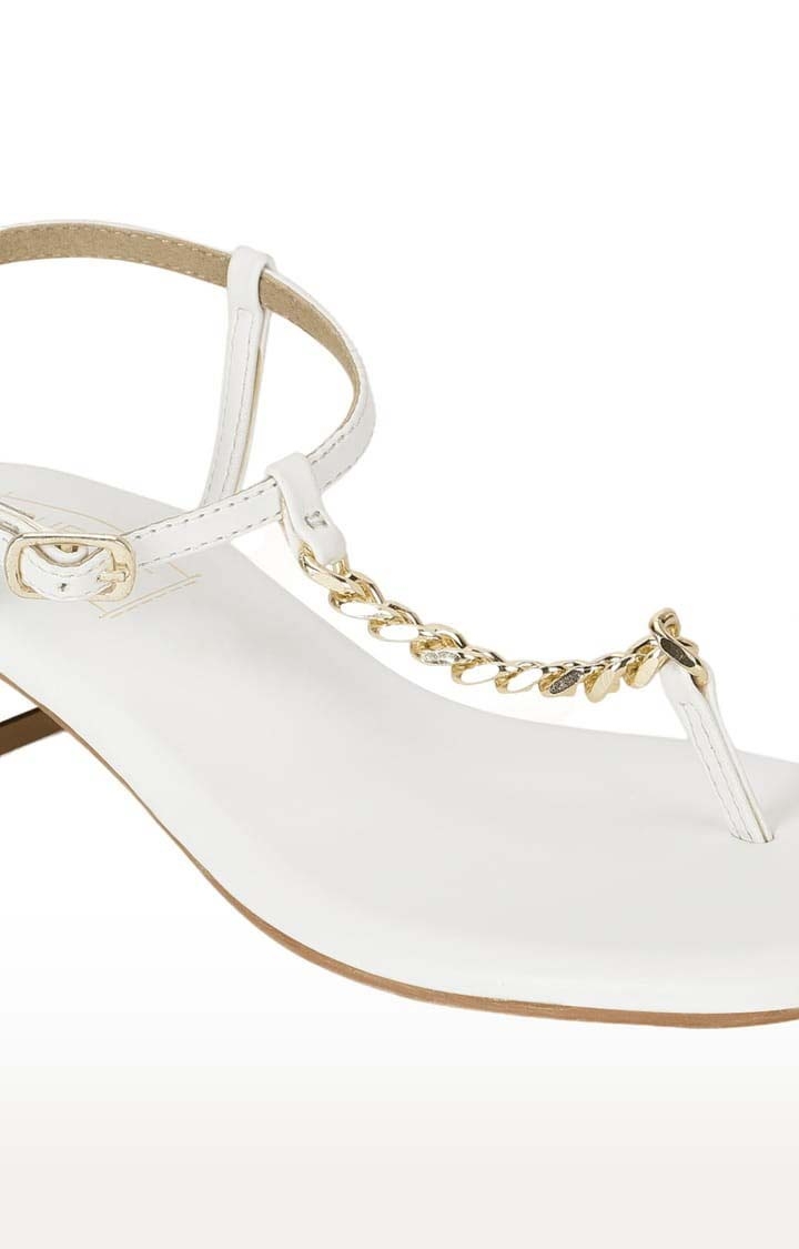 Truffle Collection | Women's White PU Solid Buckle Block Heels 4