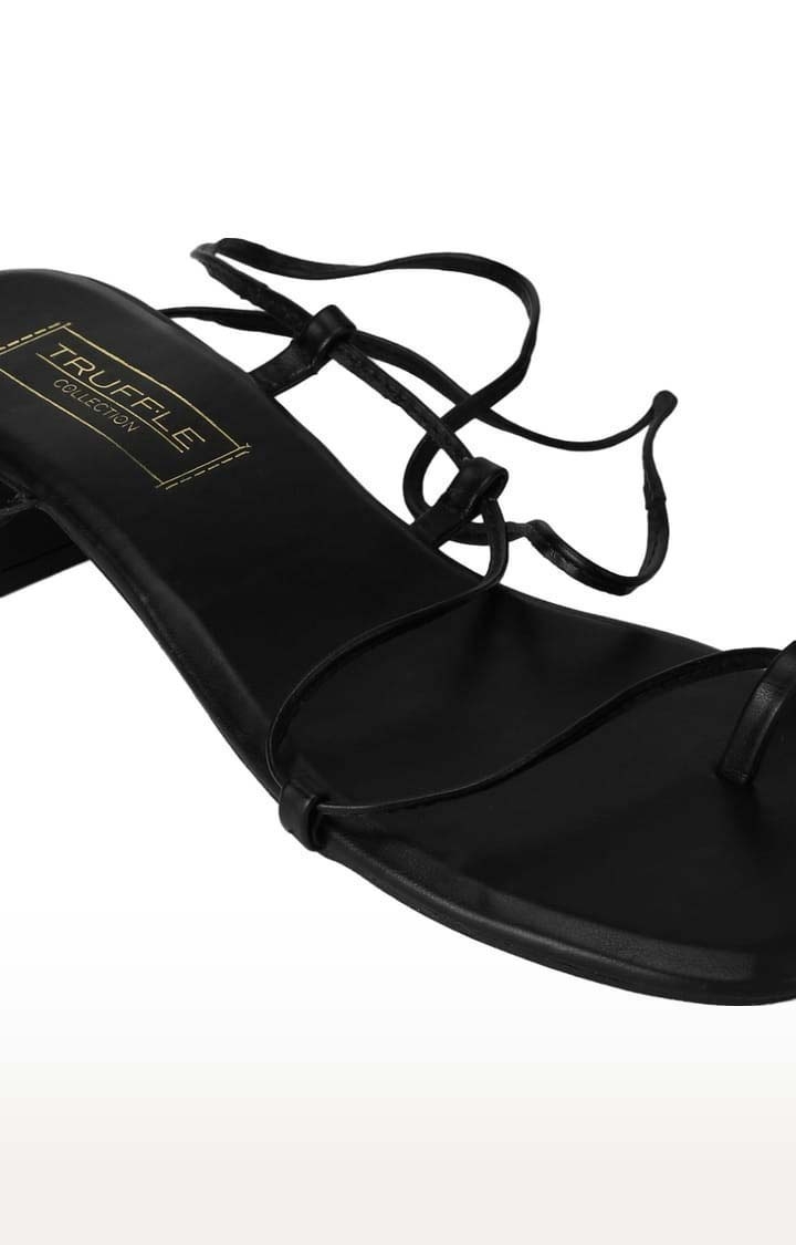 Truffle Collection | Women's Black PU Solid Drawstring Sandals 4