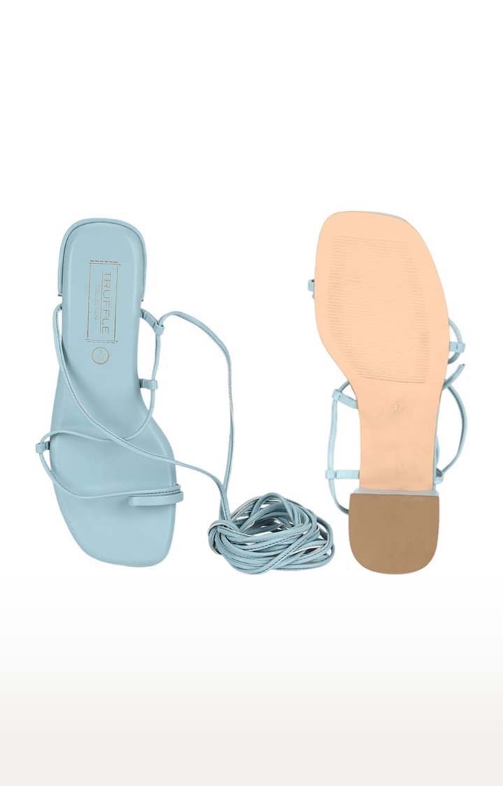 Truffle Collection | Women's Blue PU Solid Drawstring Sandals 3
