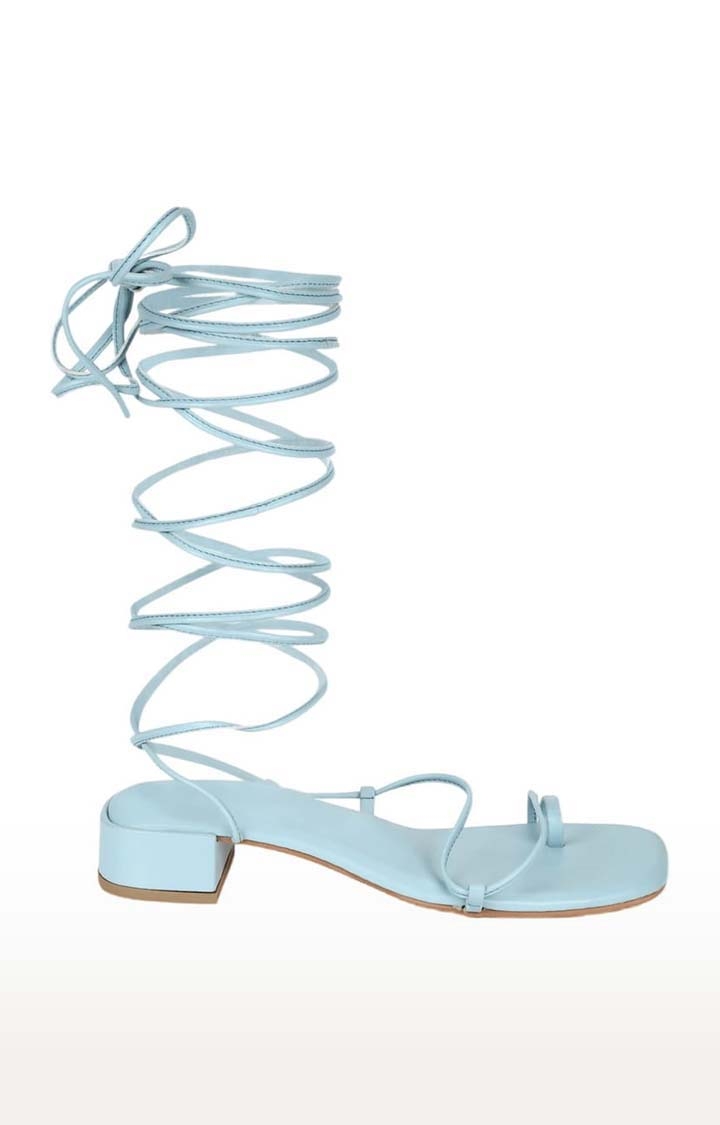 Truffle Collection | Women's Blue PU Solid Drawstring Sandals 1