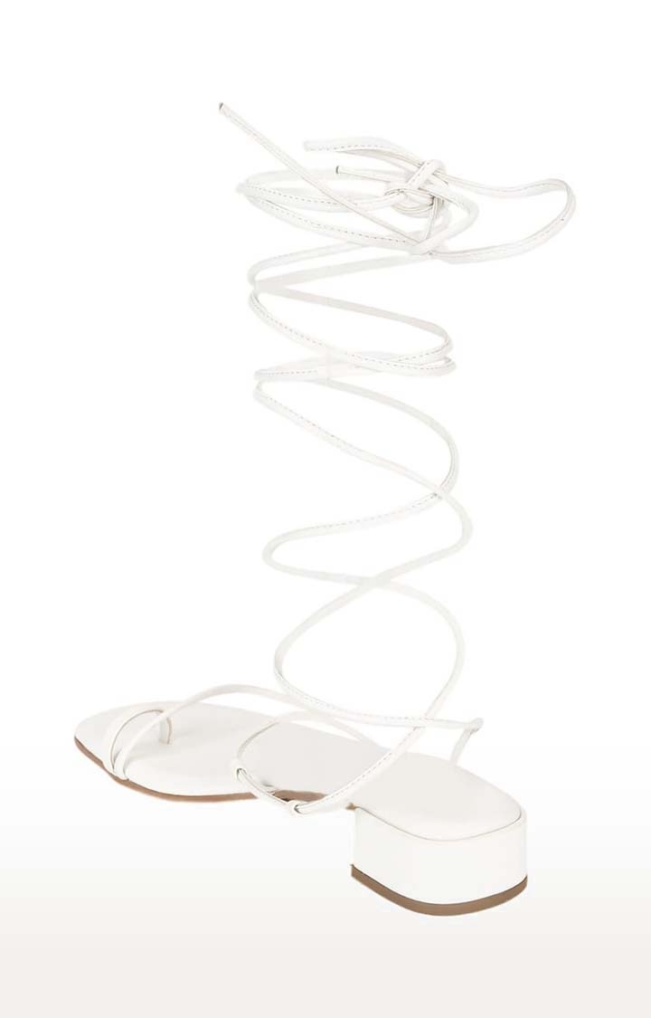 Truffle Collection | Women's White PU Solid Drawstring Sandals 2