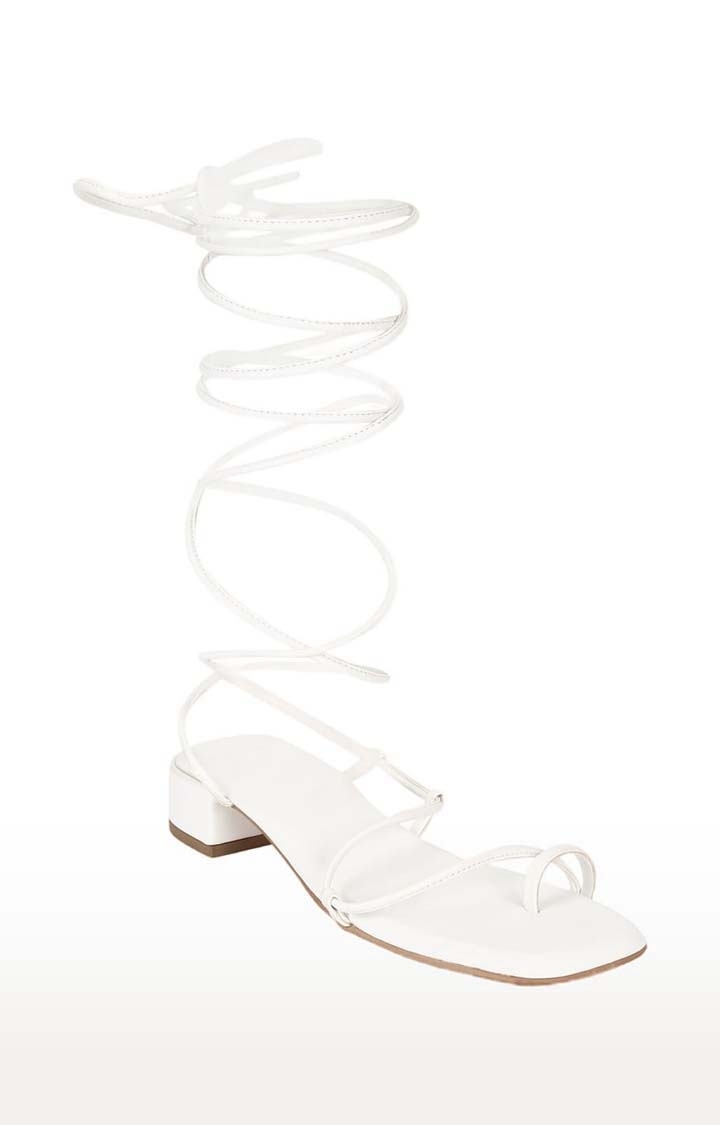 Women's White PU Solid Drawstring Sandals