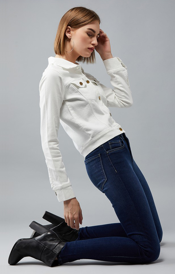 Women's White Cotton Solid Denim Jacket