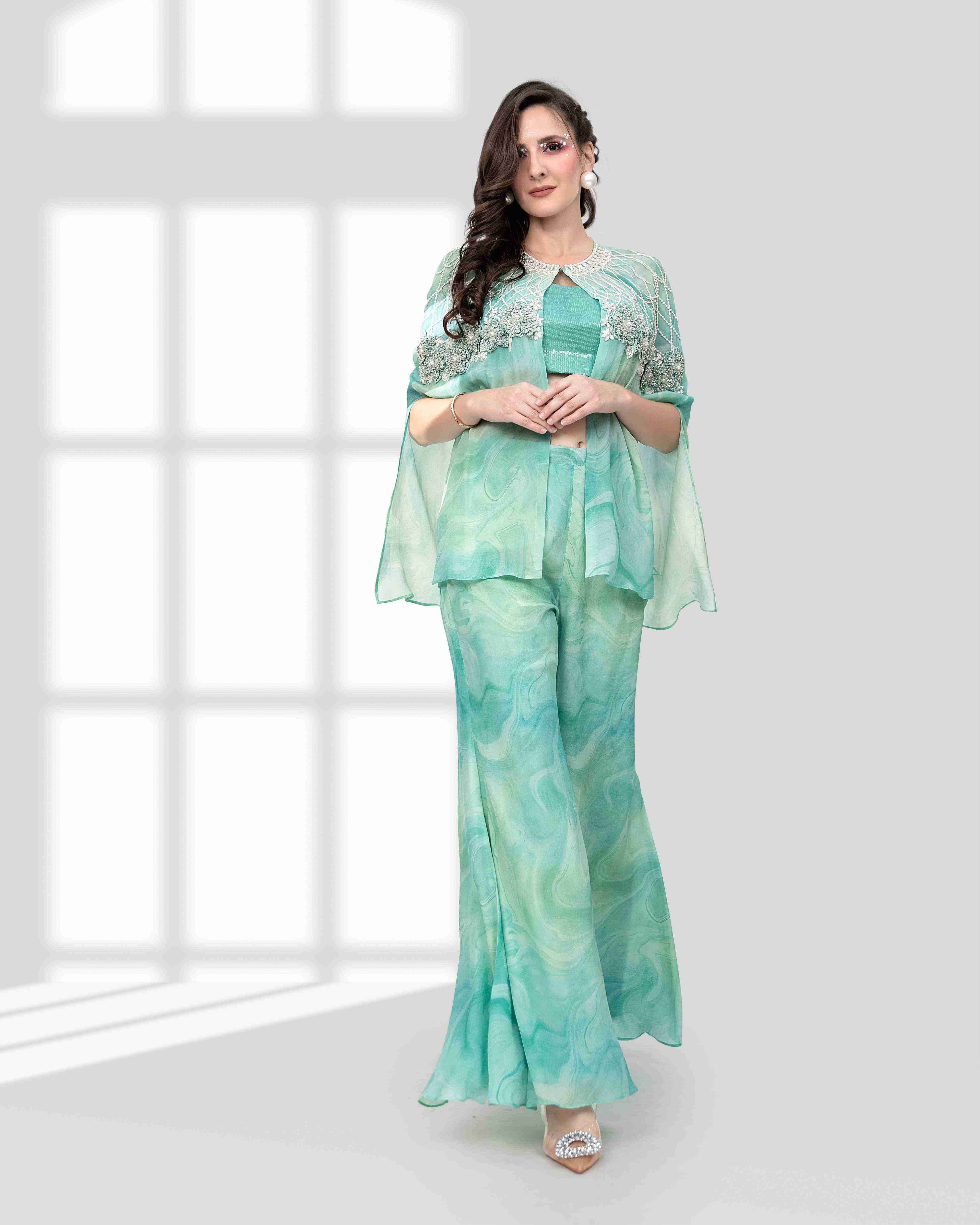 Sea-Green Embellished Marbled Cape Set
