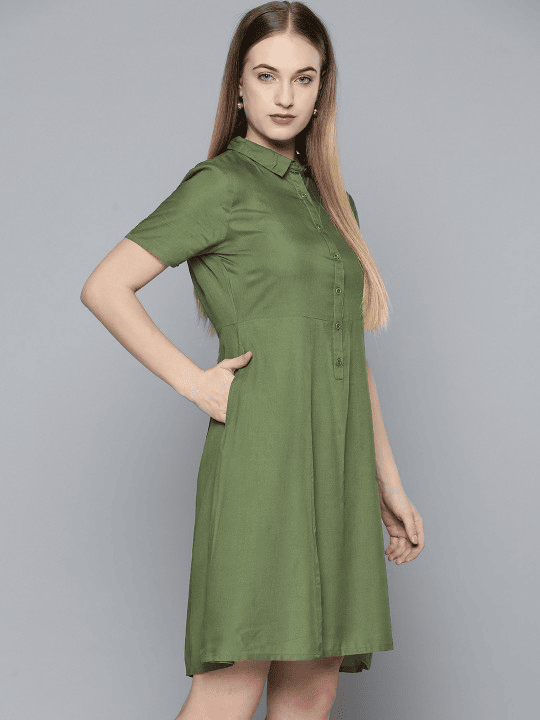 Olive Green Solid Shirt Dress