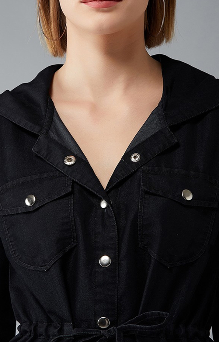 Dolce Crudo | Women's Black Cotton Solid Denim Jacket 5