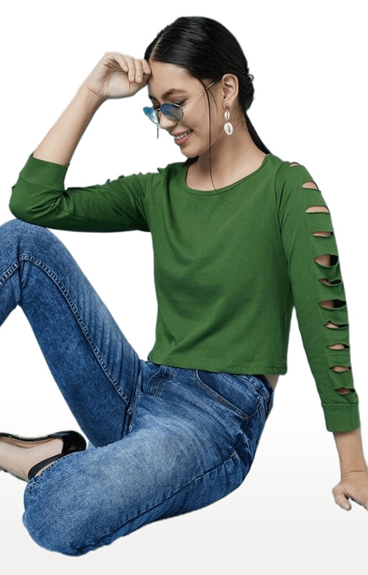 Women's Green Cotton Solid Crop Top