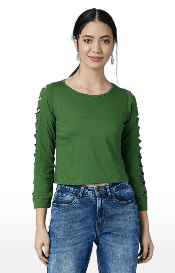 Women's Green Cotton Solid Crop Top