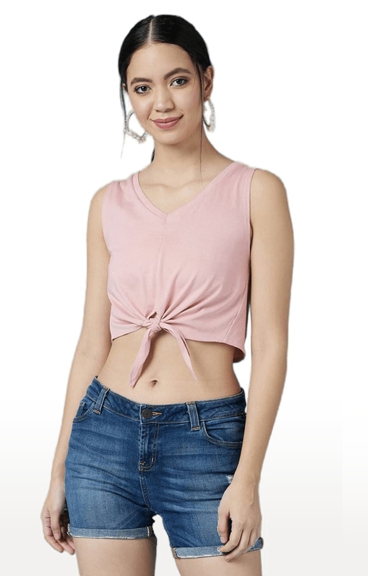 CHIMPAAANZEE | Women's Light Pink Cotton Solid Crop Top