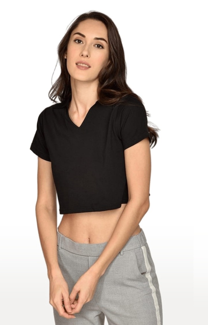 Women's Black Cotton Solid Crop Top