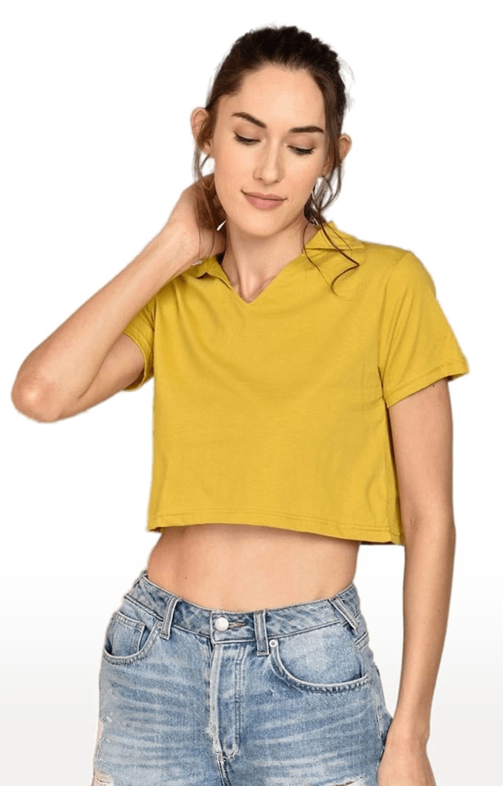 Women's Mustard Cotton Solid Crop Top