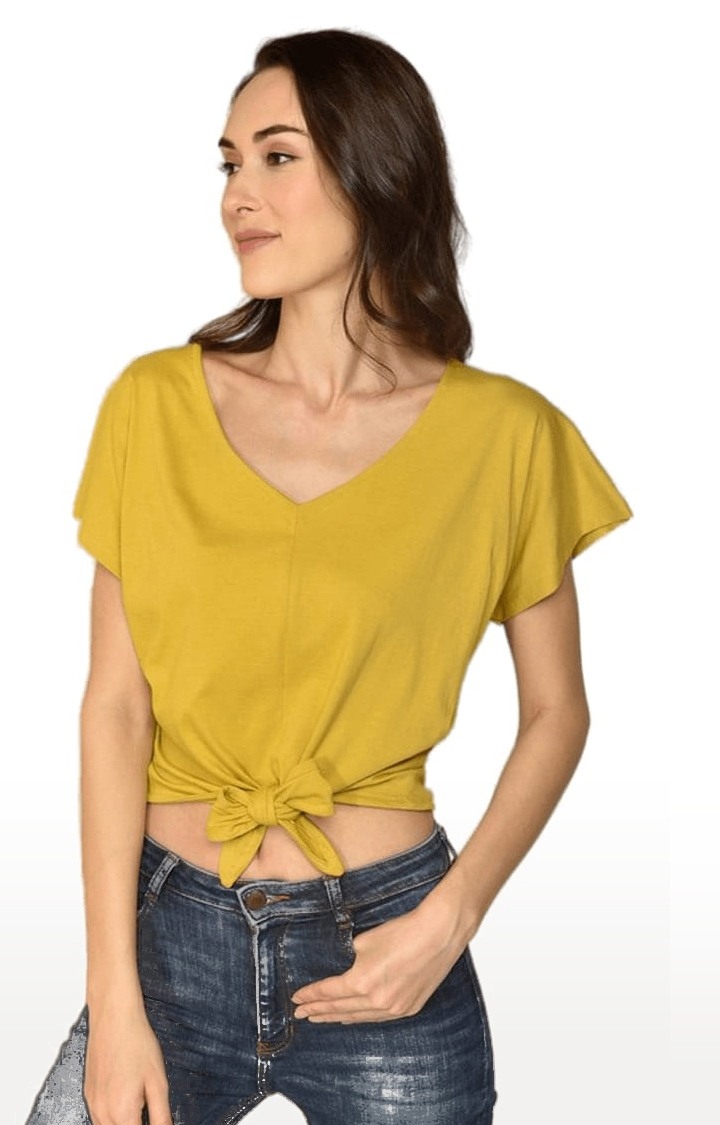 Women's Mustard Cotton Solid Crop Top