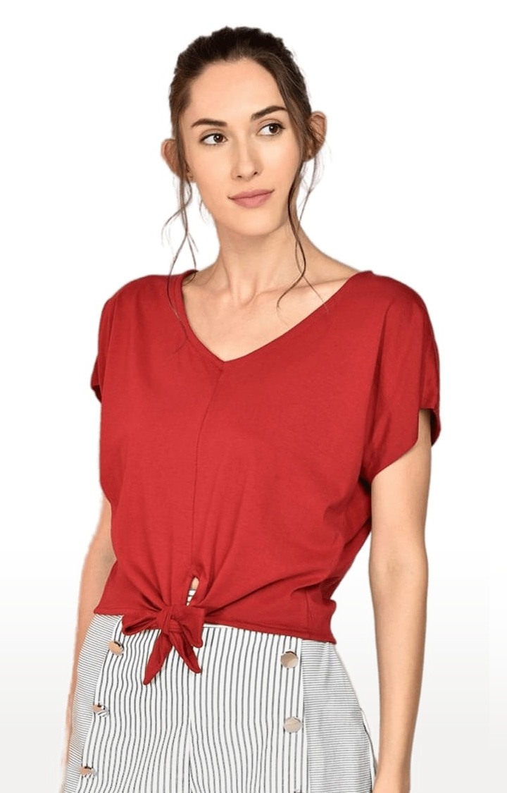 Women's Maroon Cotton Solid Crop Top