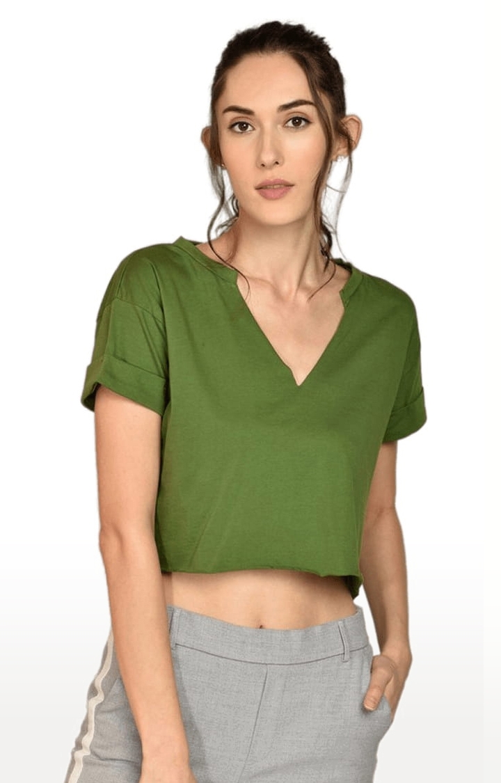 CHIMPAAANZEE | Women's Green Cotton Solid Crop Top