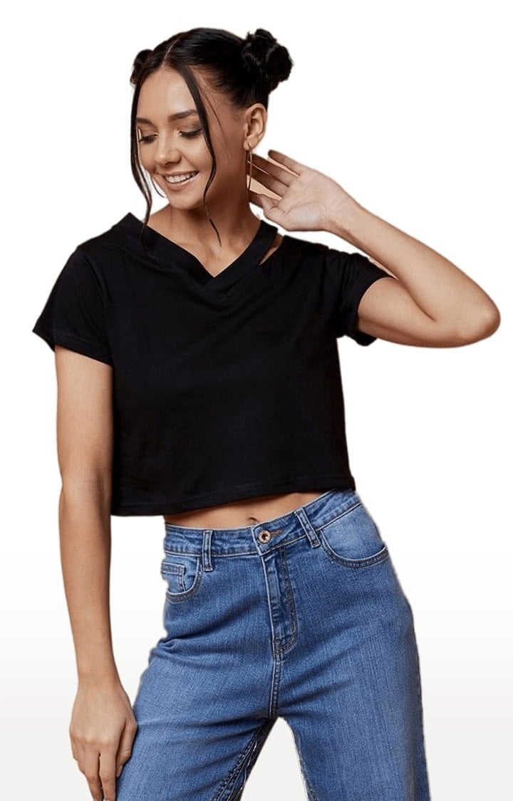 Women's Black Cotton Solid Crop Top