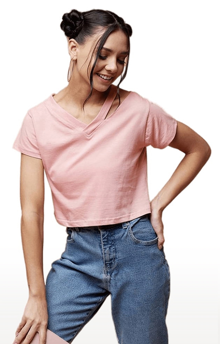 Women's Light Pink Cotton Solid Crop Top