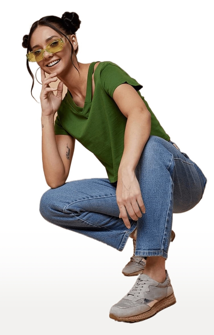 Women's Green Cotton Solid Crop Top