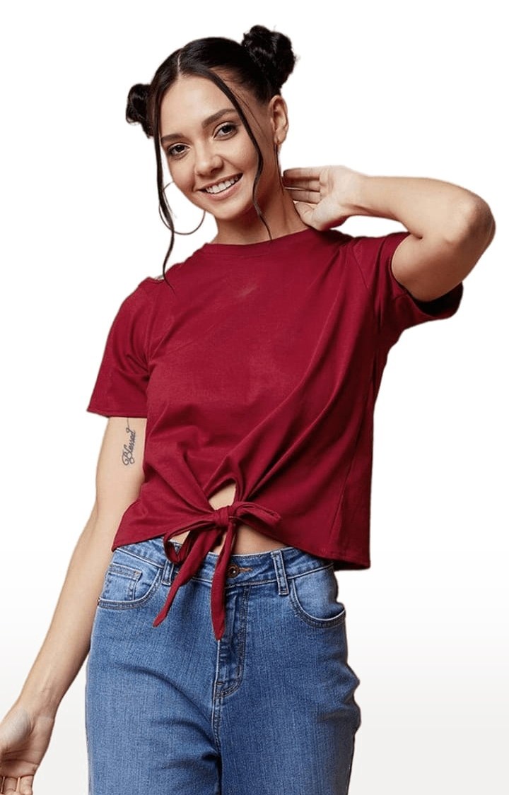 Women's Maroon Cotton Solid Crop Top