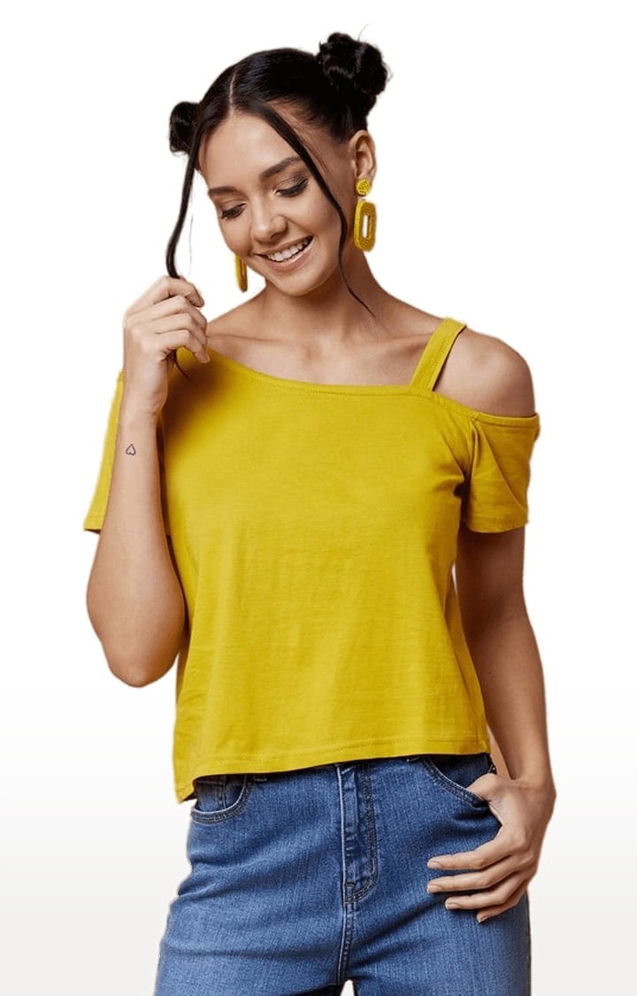 Women's Mustard Cotton Solid Crop Top
