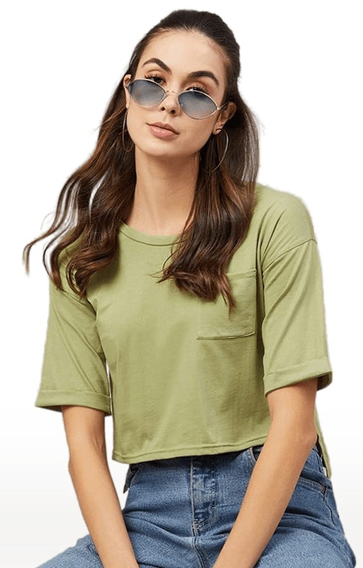 Women's Olive Green Cotton Solid Crop Top
