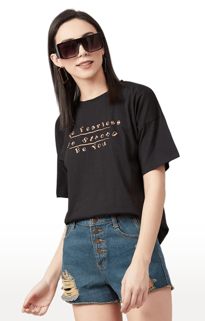 Women's Black Cotton Typographic Boxy T-Shirt