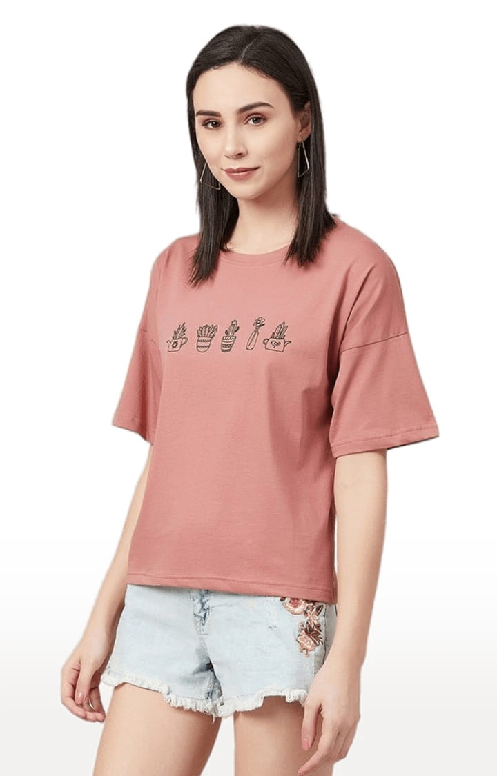 Women's Dark Pink Cotton Printed Boxy T-Shirt