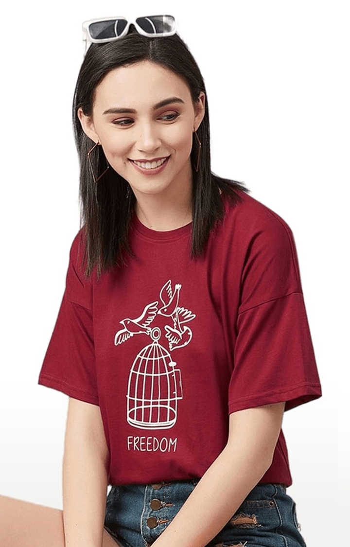 Women's Maroon Cotton Printed Boxy T-Shirt