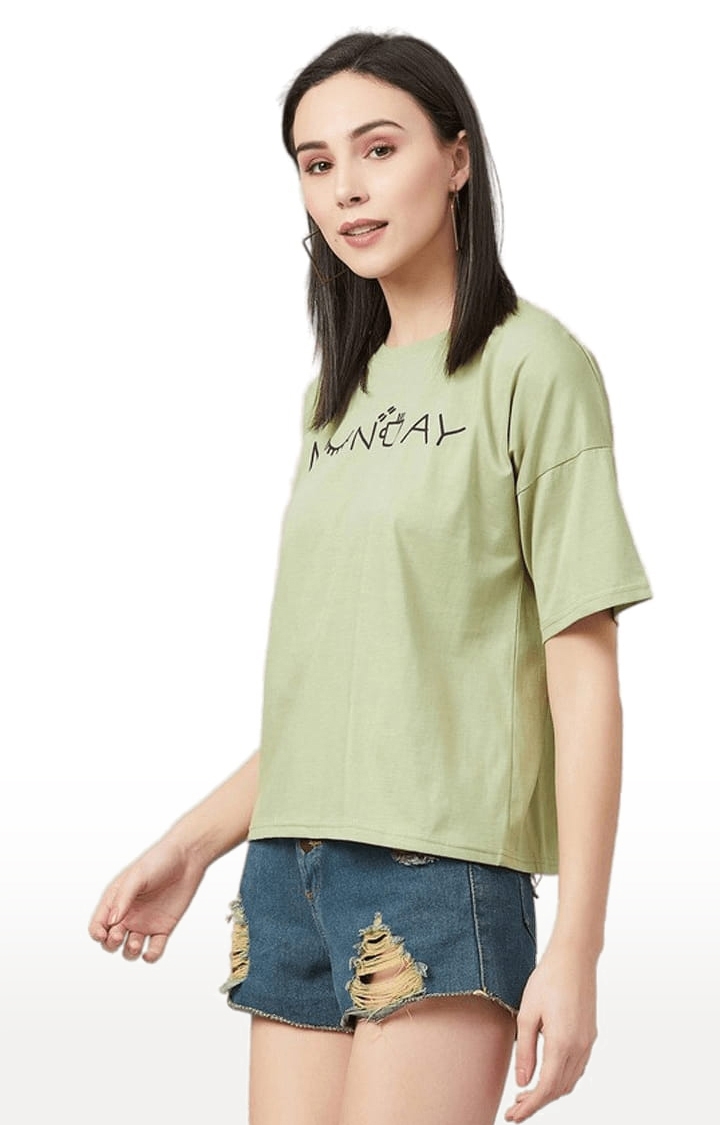 Women's Olive Green Cotton Typographic Boxy T-Shirt