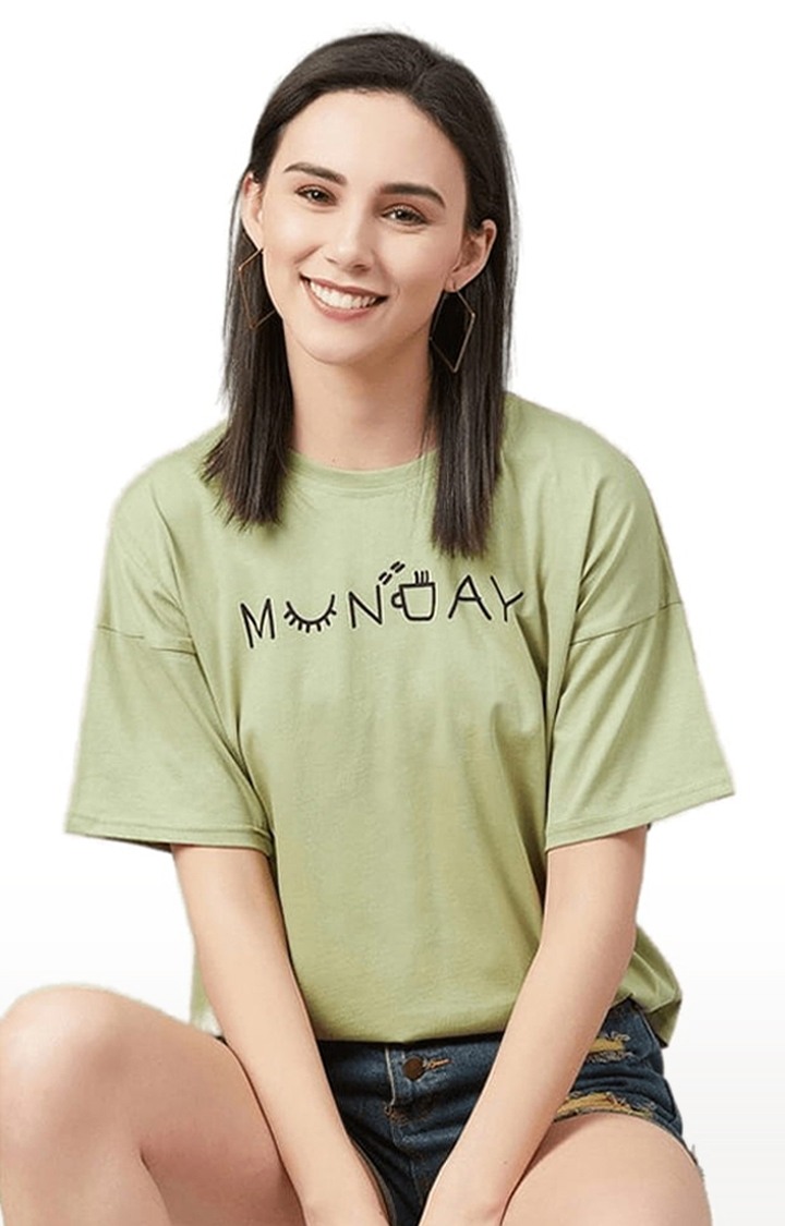 Women's Olive Green Cotton Typographic Boxy T-Shirt