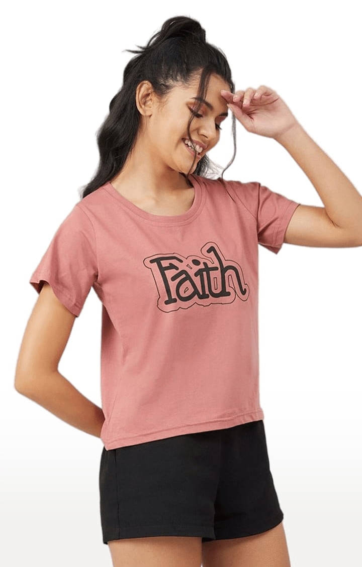 Women's Dark Pink Cotton Typographic  Regular T-Shirt
