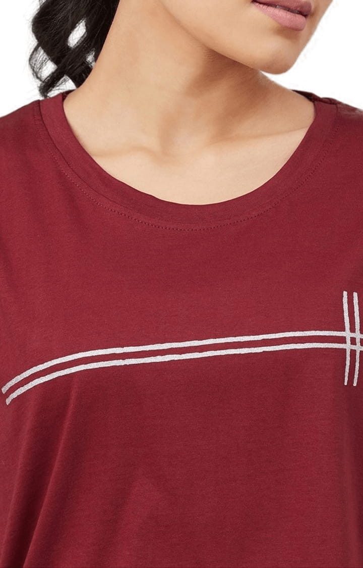 Women's Maroon Cotton Printed  Regular T-Shirt