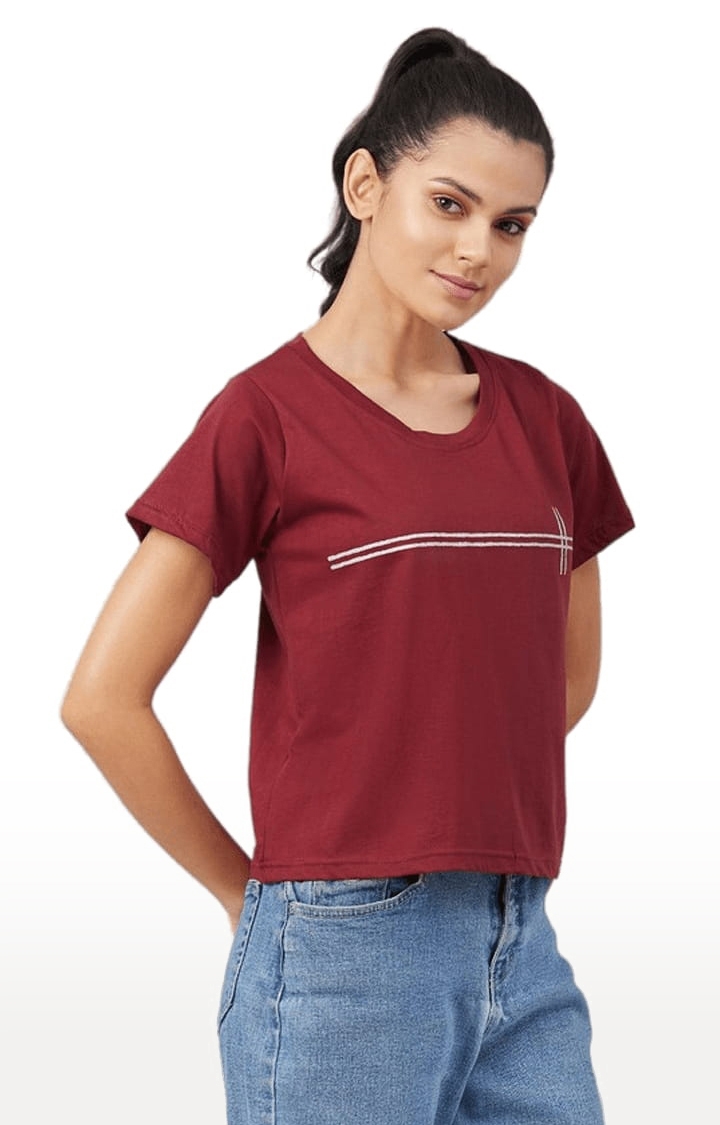 Women's Maroon Cotton Printed  Regular T-Shirt
